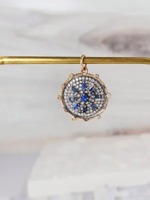 14K Yellow Gold & Oxidized Sterling Silver Disc Pendant with Blue Sapphire and Diamond | Indulgems | Designs in Real Gold