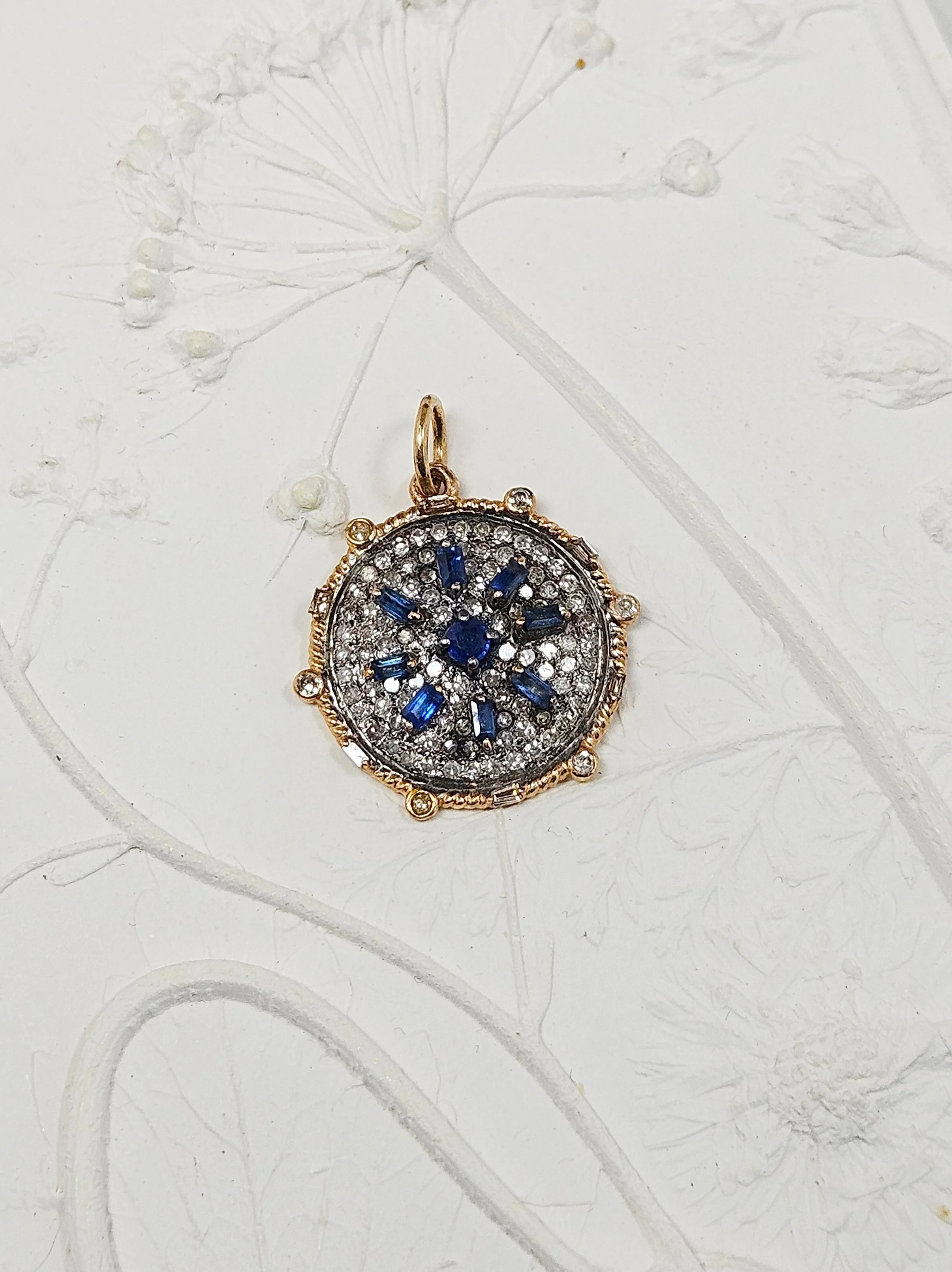 14K Yellow Gold & Oxidized Sterling Silver Disc Pendant with Blue Sapphire and Diamond | Indulgems | Designs in Real Gold