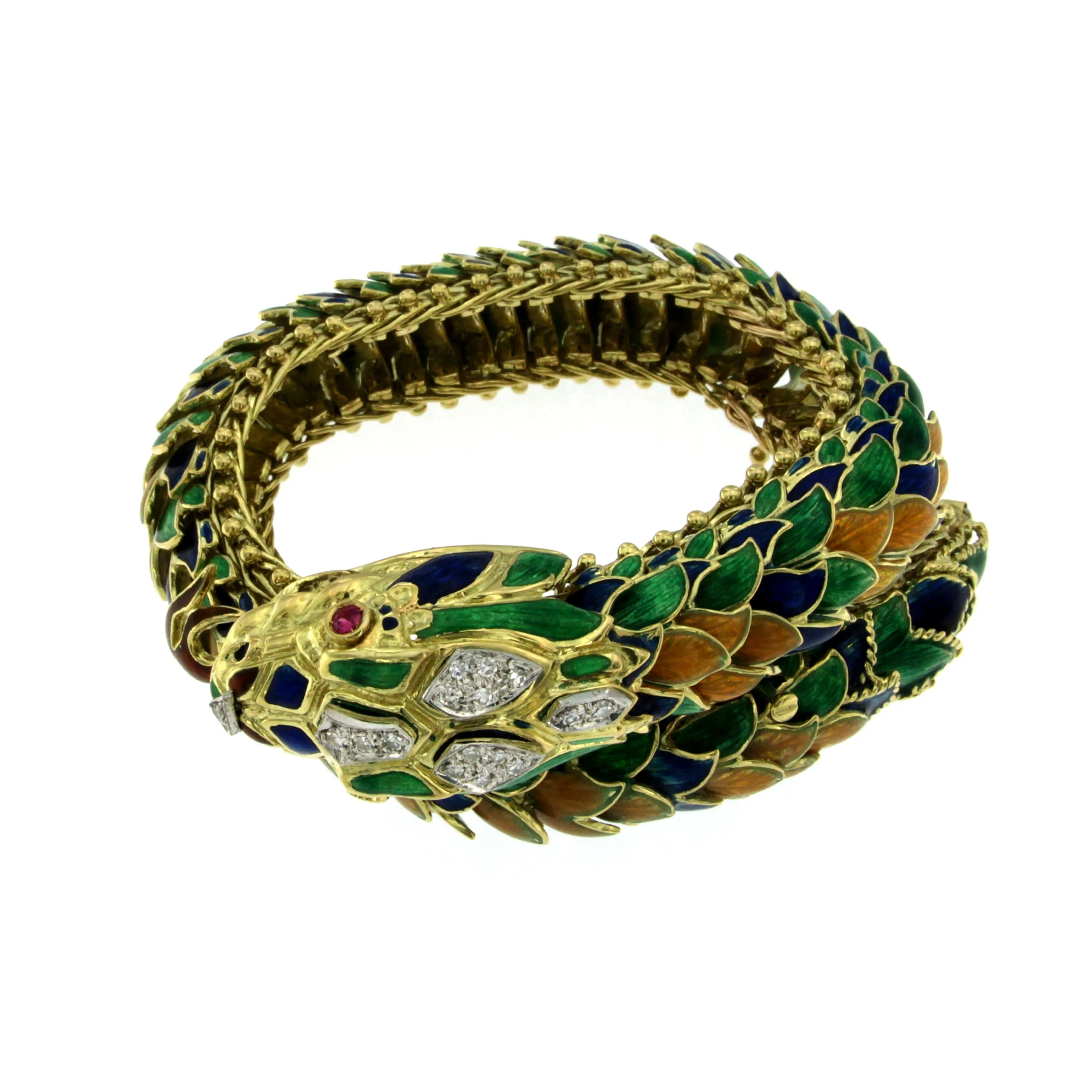 1960s Italian Serpentine Diamond Ruby Enamel Gold Bracelet