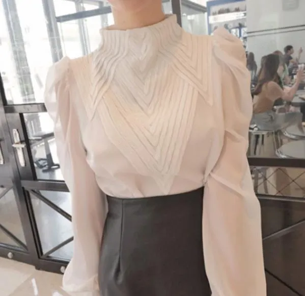 2021 New Women's Puff Sleeve Stand Collar Chiffon Blouse Sizes S - 2XL