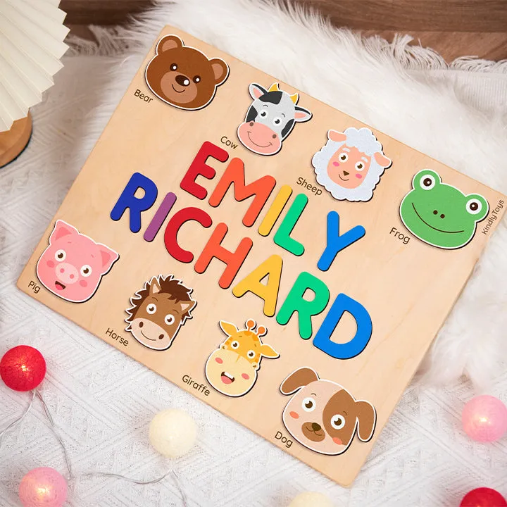 Adorable Animal Personalized Name Puzzle - Wooden Montessori Toys, 1st Birthday Gifts for Kids | KindlyToys