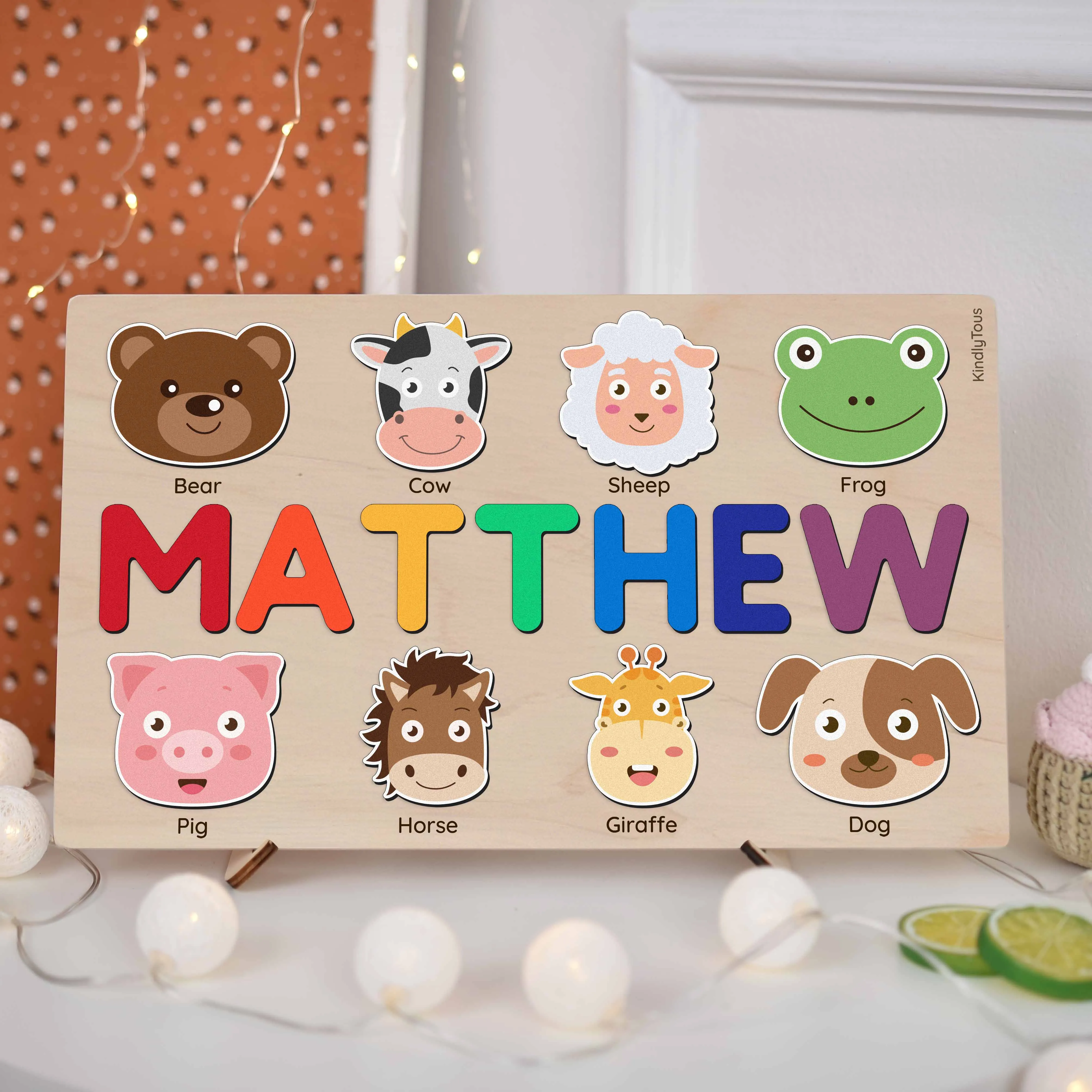 Adorable Animal Personalized Name Puzzle - Wooden Montessori Toys, 1st Birthday Gifts for Kids | KindlyToys