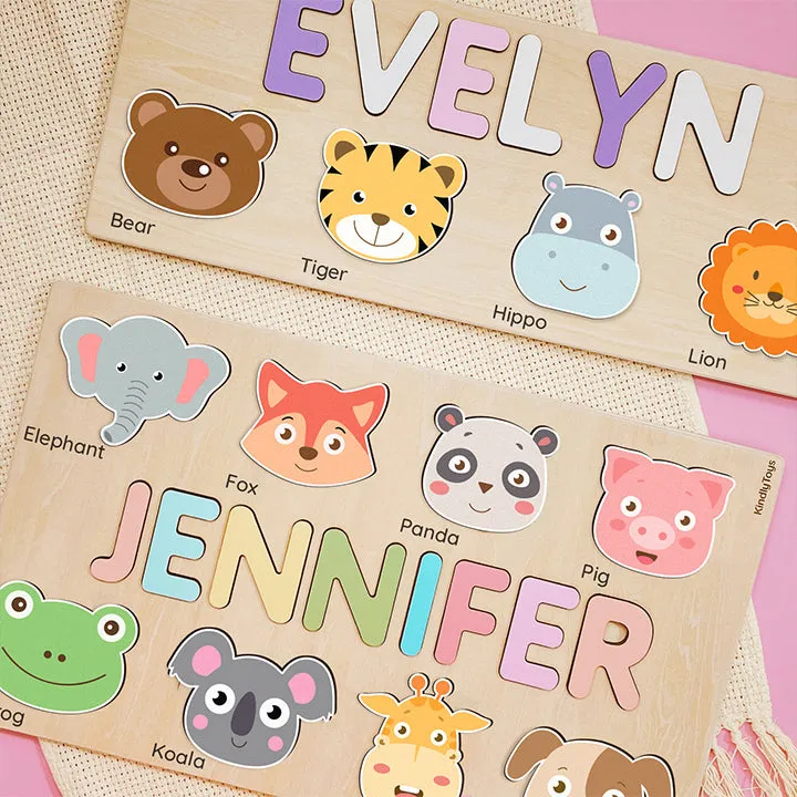 Adorable Animal Personalized Name Puzzle - Wooden Montessori Toys, 1st Birthday Gifts for Kids | KindlyToys