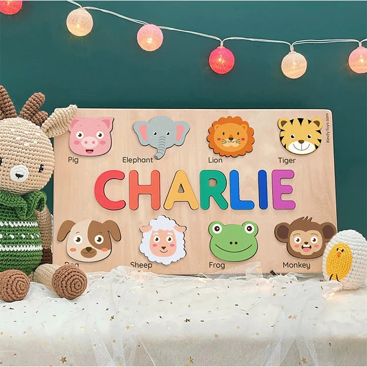 Adorable Animal Personalized Name Puzzle - Wooden Montessori Toys, 1st Birthday Gifts for Kids | KindlyToys