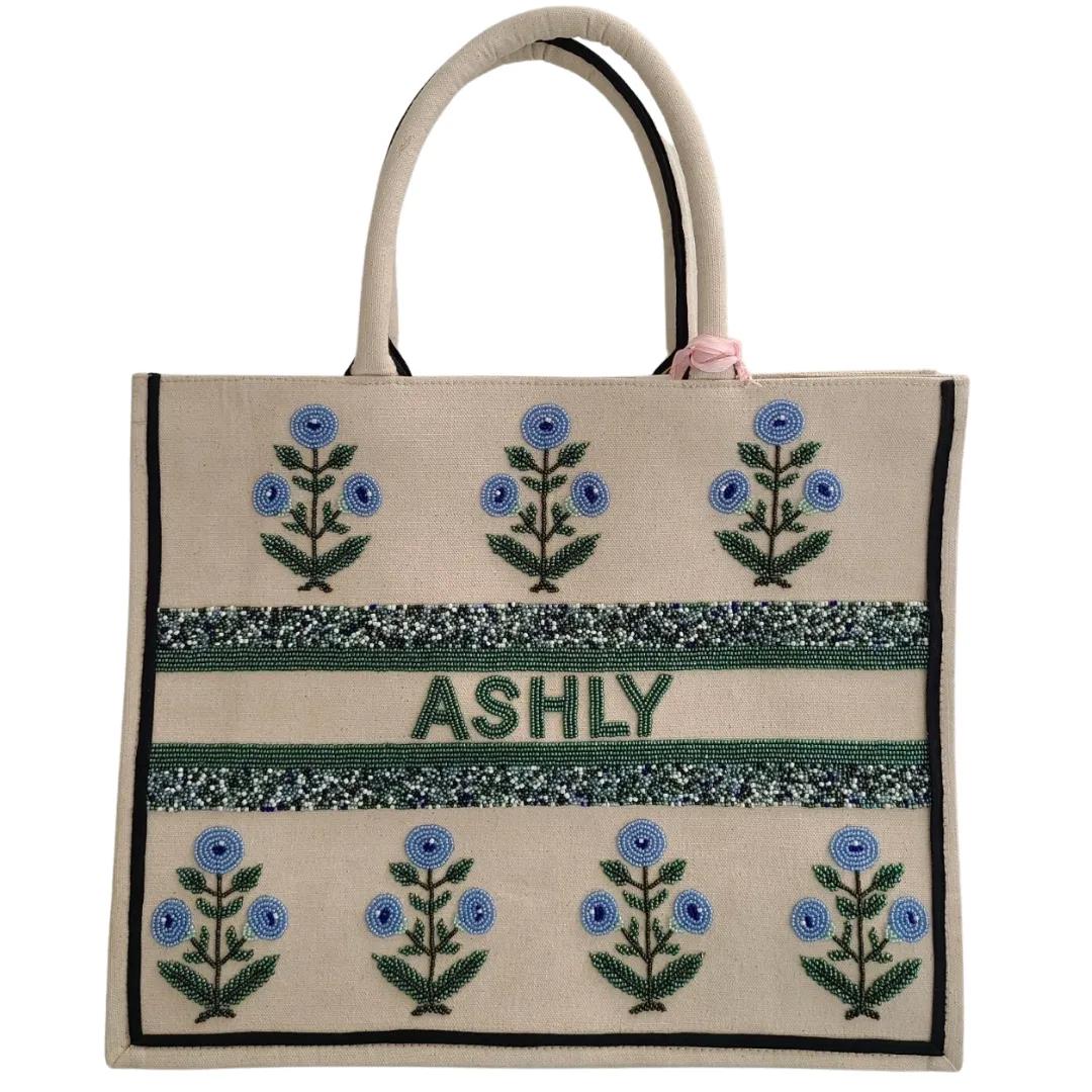 Blue Peony Beaded Large Tote (Made to Order)