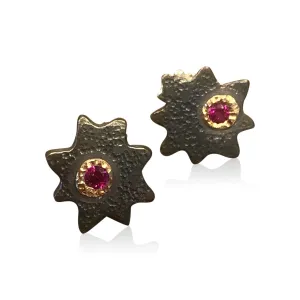 E8 - "Super Star Earrings" Oxidized Sterling Silver Star Earrings w 14KT Bezeled Rubies