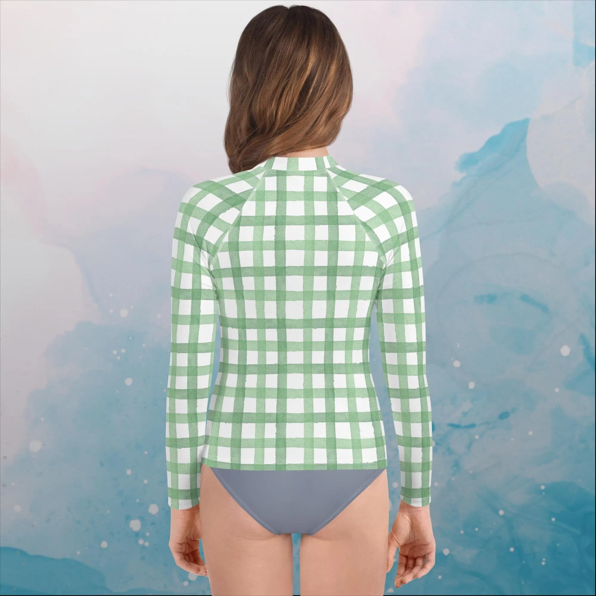 Green Gingham Print Youth Rash Guard