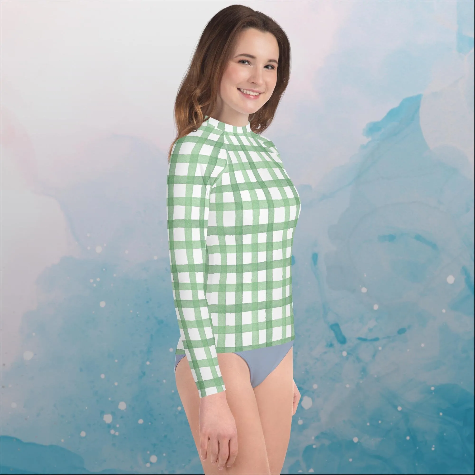 Green Gingham Print Youth Rash Guard