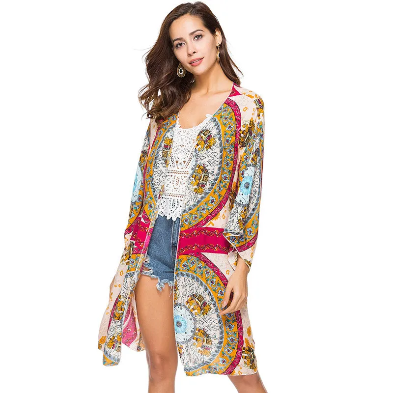 Mandala Geometric Print Long Kimono Chiffon Blouse