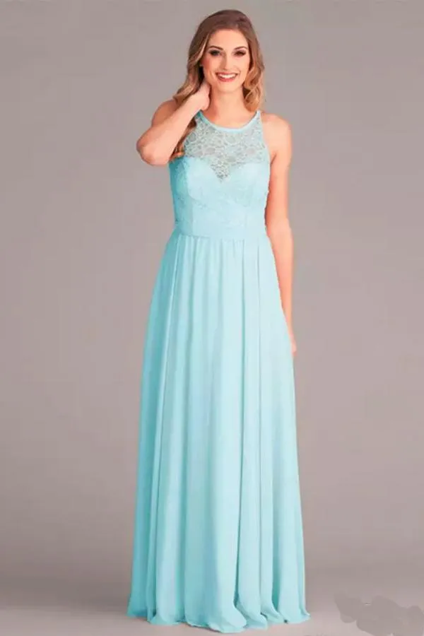 New Arrival A-Line V-Neck Floor-Length Mint Open Back Chiffon Bridesmaid Dress with Lace